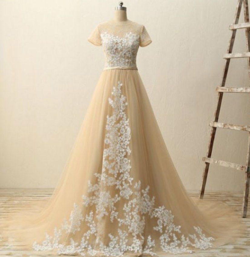Homecoming Dress Sweep/brush Train Applique A-line Short Sleeves Zipper Tulle Round For Custom Made Dresses