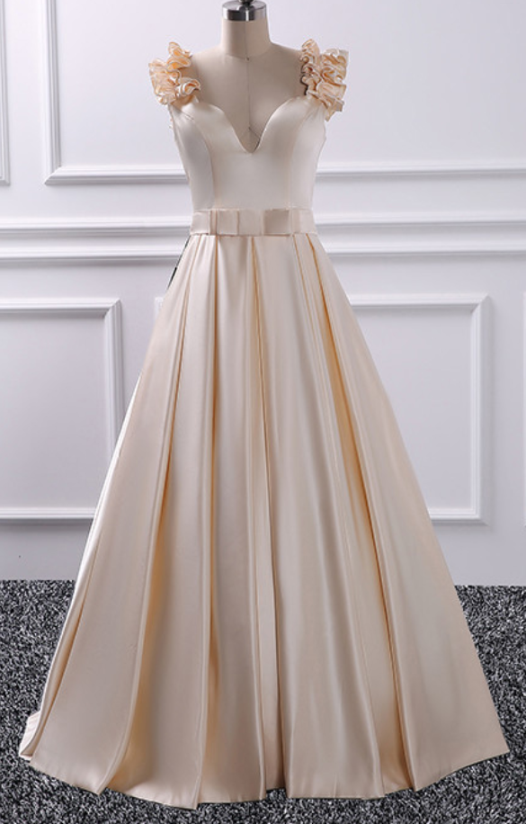 white prom dress with gold belt Fashion Satin Floor Length V Neck Champagne ,flower Shoulder Prom Dresses Belt, Par on Luulla loop-ae-068