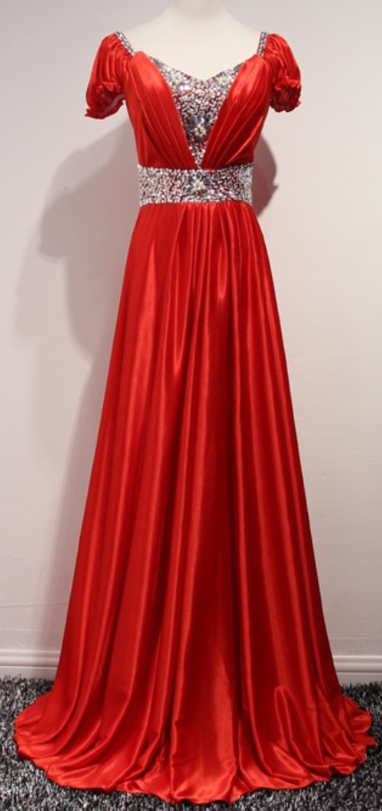 Red Floor Length A-line Satin Pleated Bridesmaid Dress Featuring Short Sleeve