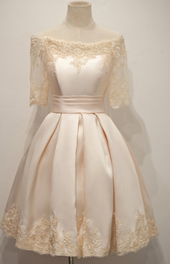 Charming Short Champagne Satin Dress Featuring Half Sleeve and Ruched Skirt