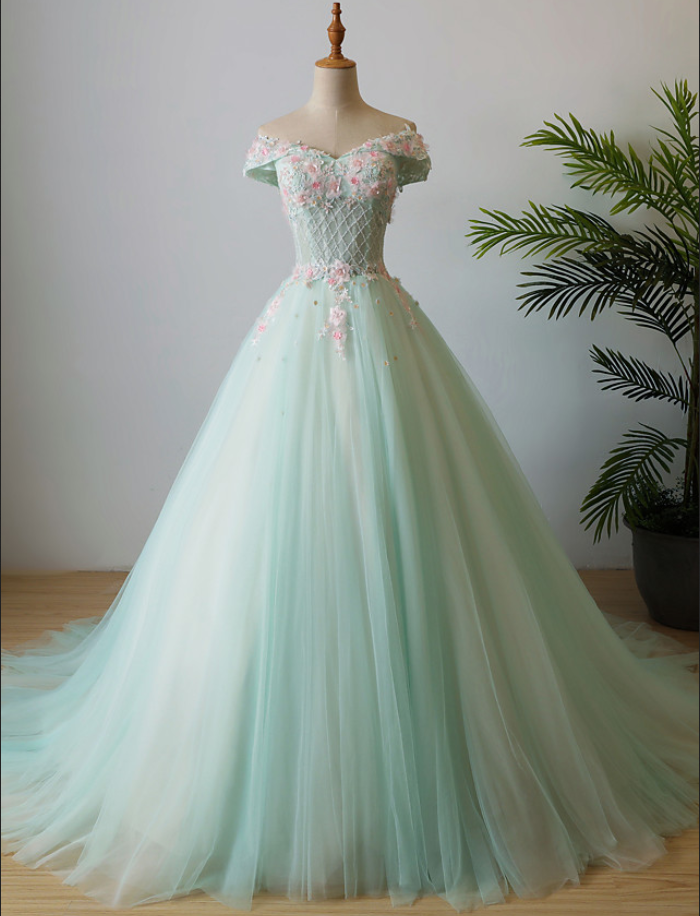 Elegant Applique Wedding Dress Off The Shoulder Beading Long Prom Dress Tulle Evening Dress