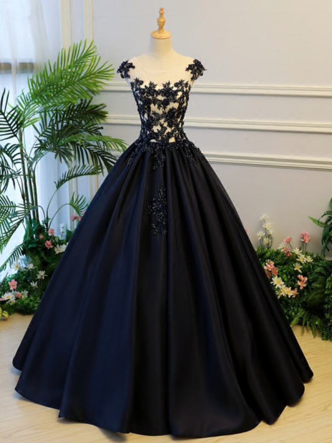 Generous Prom Dress,ball Gown Prom Dress,stain Prom Dress,long Party Dress,a-line Round Neck Cap Sleeves Prom Dress