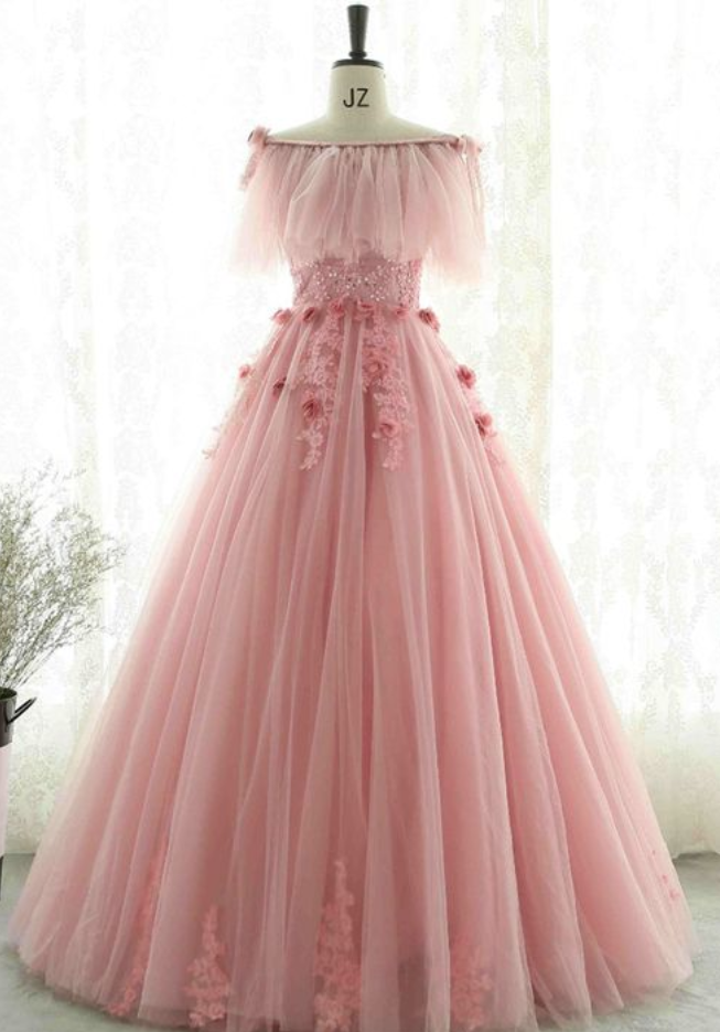 Unique Design Pink Tulle Off Shoulder Evening Gown,custom Made,party Gown,evening Dress