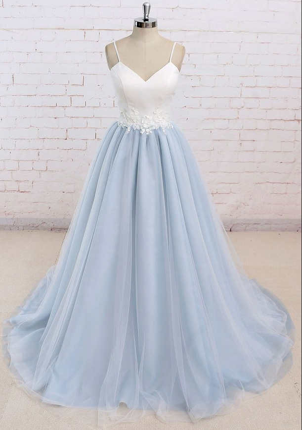 Baby Blue Sweet A Line Spaghetti Strap Long Simple Flower Lace Prom Dress