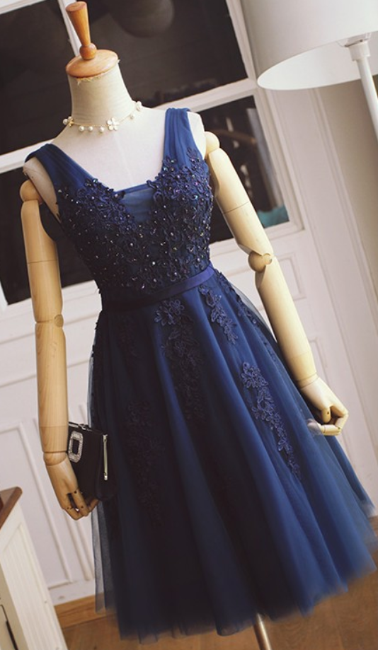 Short Navy Blue Lace Bridesmaid Dress,v-neckline Lace Prom Dress,tulle And Lace Cocktail Dress,formal Party Dress
