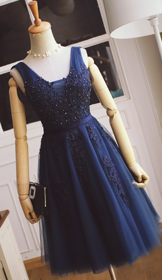 chinese dress ladies Navy Blue Chiffon A-line Short Bridesmaid Dress with Flutter Sleeves –  Dressesforparty main image 1