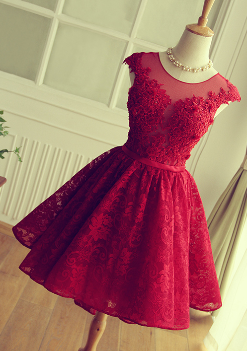 Keyhole Back Red Lace Bridesmaid Dress short Lace Prom Dress red