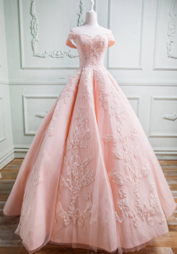 Spring Pink Tulle Sweetheart Neckline Long Off Shoulder Evening Dress, Long Formal Prom Gown