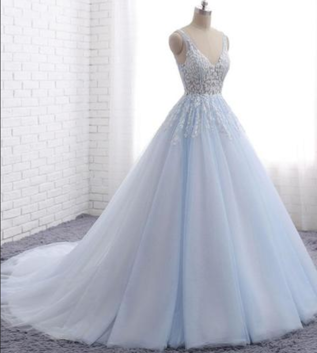 Blue Tulle Long V Neck Customize Halter Evening Dress, Senior Prom Dress