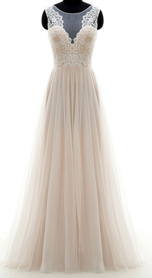 Champagne Round Neck Tulle Lace Long Prom Dress, Champagne Wedding Dress