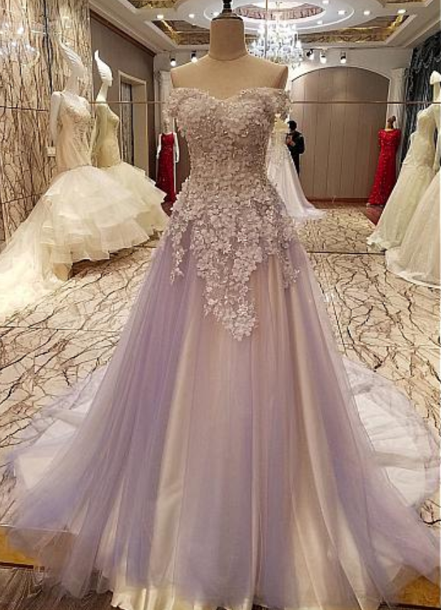 Charming Off Shoulder Prom Dress, Sexy Tulle Beaded Appliques Prom Dresses, Long Evening Dress, Formal Gown,formal Dresses
