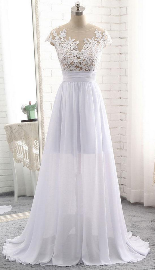 White Round Neck Lace Long Prom Dress, White Evening Dress, White Wedding Dress, Wedding Dress,custom Made ,2018 Fashion