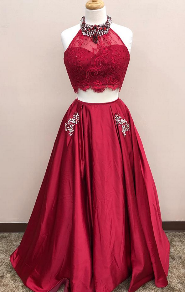 Dark Red Two Pieces Prom Dress, Formal Prom Gown, With Beading Evening Dresses, Quinceanera Dresses