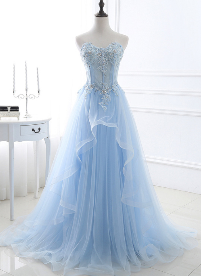 Elegant Blue A-line Prom Dress,sweetheart Floor Length Prom Dresses,tulle Applique Prom Dress,beadng Evening Dress Prom Dresses