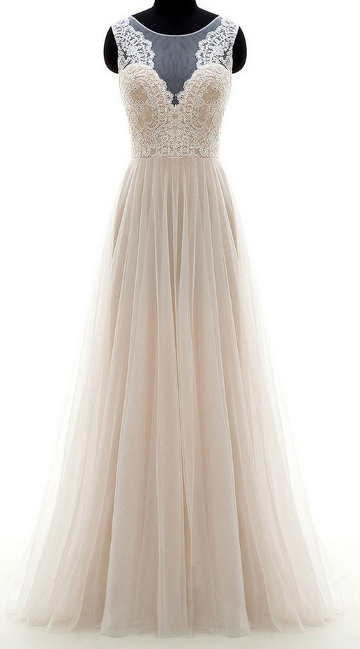 Champagne Round Neck Tulle Lace Long Prom Dress, Champagne Wedding Dress