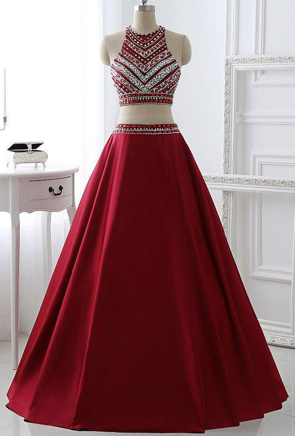 Two Piece Burgundy Long Satin Beaded Prom Dress Evening Gown