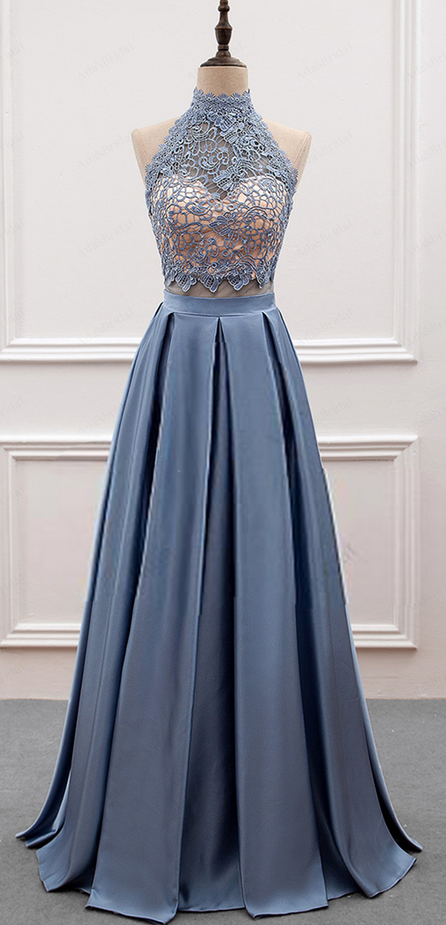 Two-piece Formal Dress Featuring Lace High Halter Neck Crop Top And Floor Length A-line Skirt
