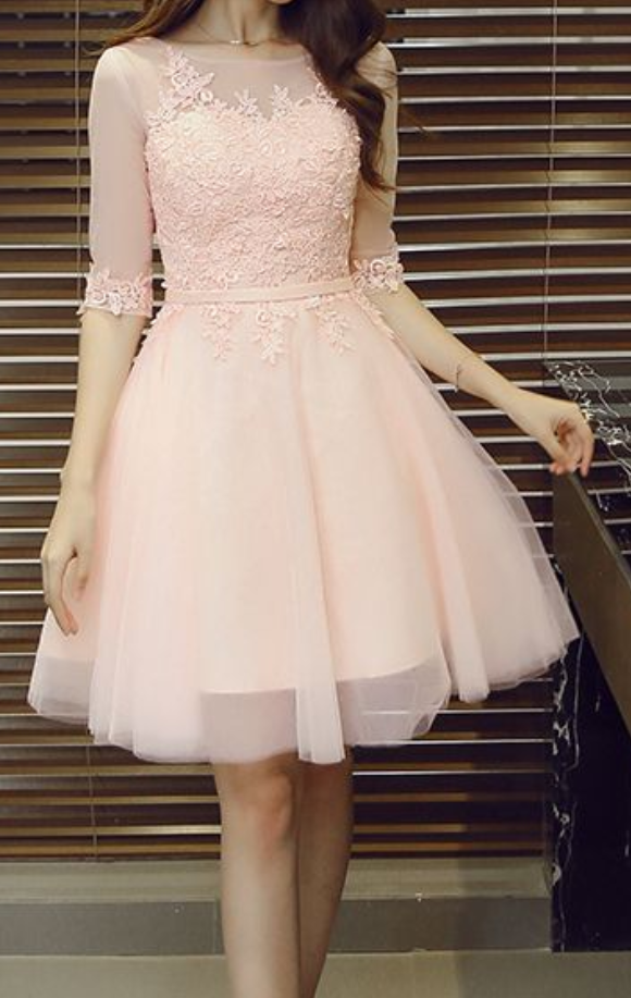 Pink Prom Dress,short Sleeve Prom Dress,short Prom Dress,cute Prom Gown,tulle Homecoming Dress With Appliques