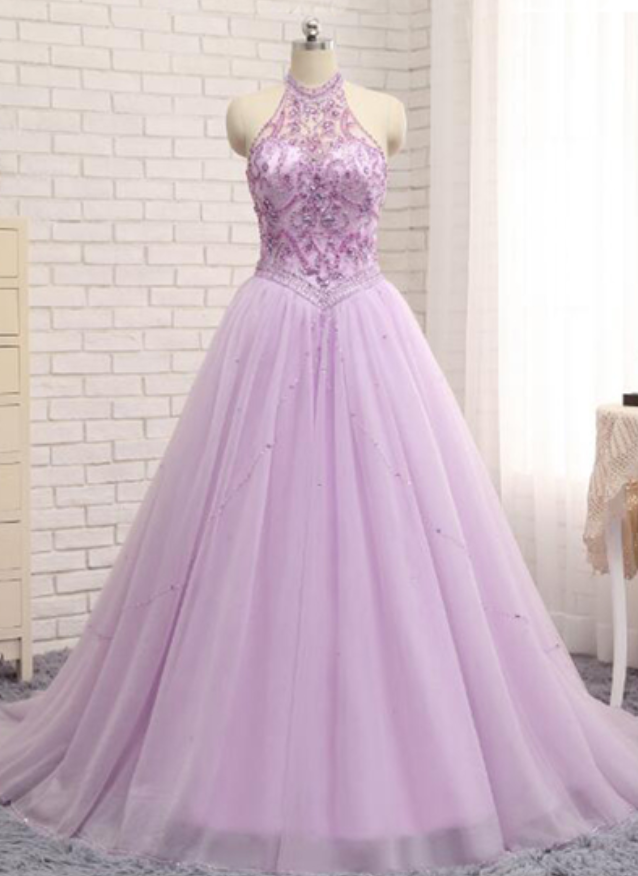 Princess Lavender Tulle Crystal Long Halter Prom Dress, Beaing Long Evening Dresses