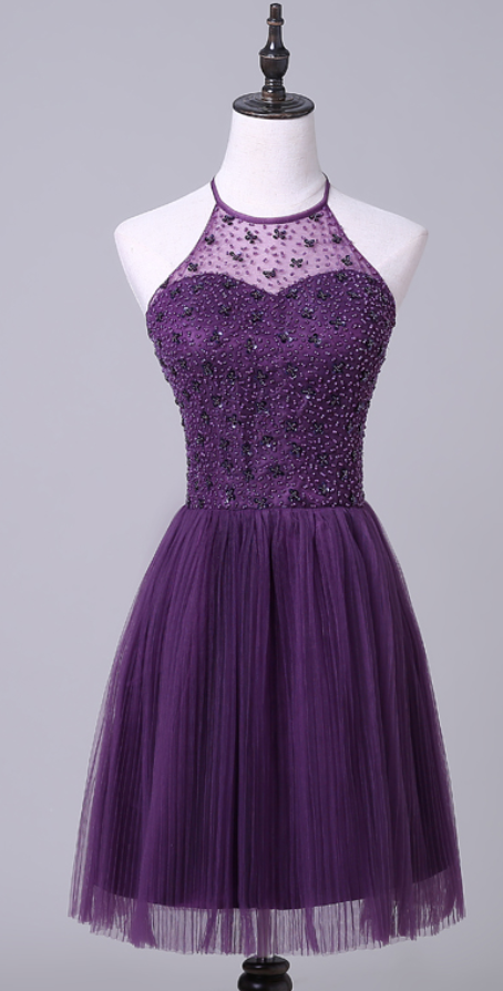 Homecoming Dresses,purple Halterneck Short Homecoming Dress With Beaded Embellishment