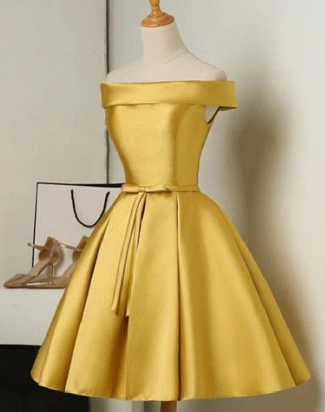 Gold Satin Off-the-shoulder Short Ruffled Skater Homecoming Dress Featuring Bow Accent Belt And Lace-up Back