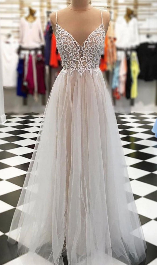 Sexy Spaghetti Straps Tulle Prom Dress, Sexy Beaded Prom Dresses, Long Evening Party Dress