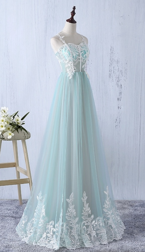 Spaghetti Straps Long Lace Tulle Prom Dresses For Teens elegant Graduation Dresses flowy Prom Gowns on Luulla