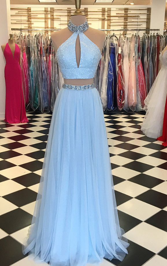 Light Blue Beaded Prom Dress,high Neck Two Piece Prom Dresses,split Formal Dress
