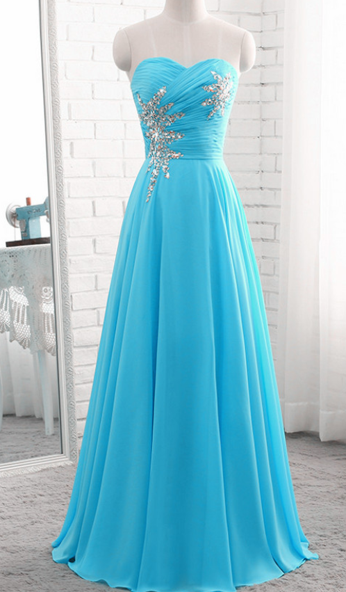 Blue Chiffon Beaded Prom Dresses,chiffon Long Prom Dress , Long Formal Gowns, Junior Prom Dresses,long Evening Dresses, A-line Evening Dresses