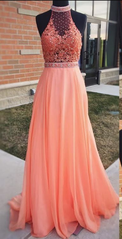 Coral Prom Dresses Long,prom Dresses ,high Neck Lace Applique Beads Prom Dresses,prom Gowns,sexy Prom Dresses