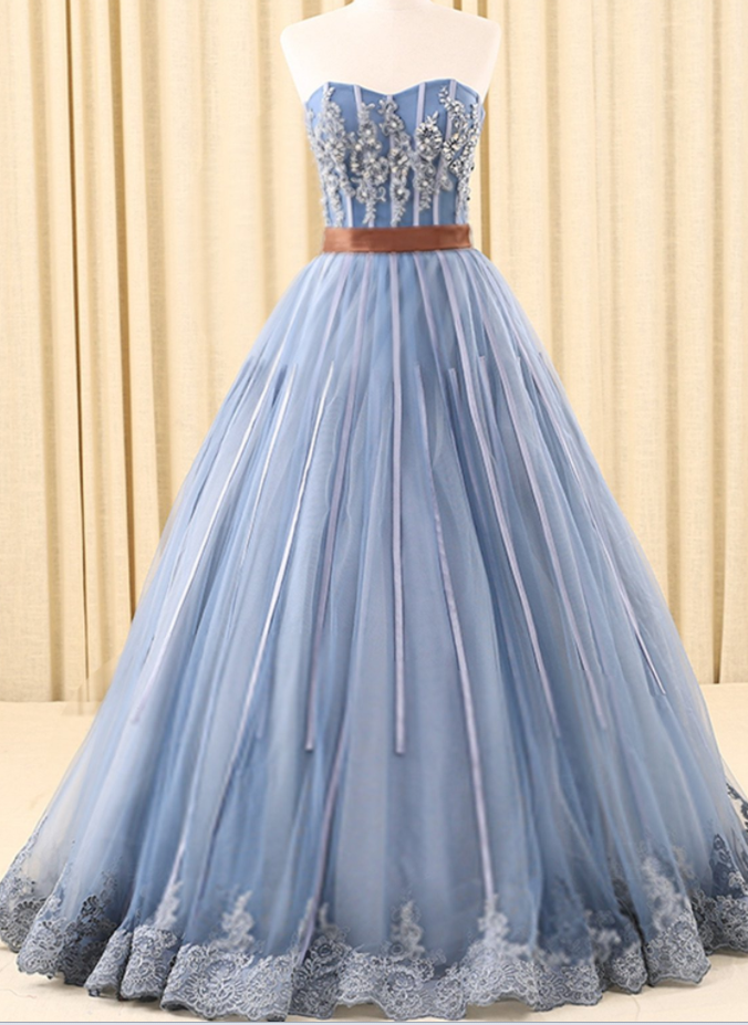 A-line Sweetheart Floor-length Tulle Ink Blue Prom Dresses With Rhine Stones