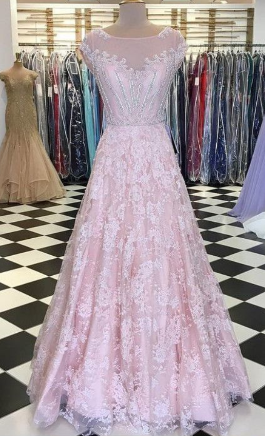 Blush Pink Prom Dresses With Long Sleeves, A Line Elegant Evening Dress with Applique UQ1814
