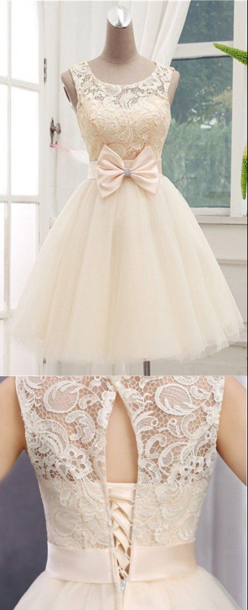 Champagne Homecoming Dress, Round Neck Prom Dress, Lace Tulle Prom Dress, Short Homecoming Gowns, A-line Prom Gowns