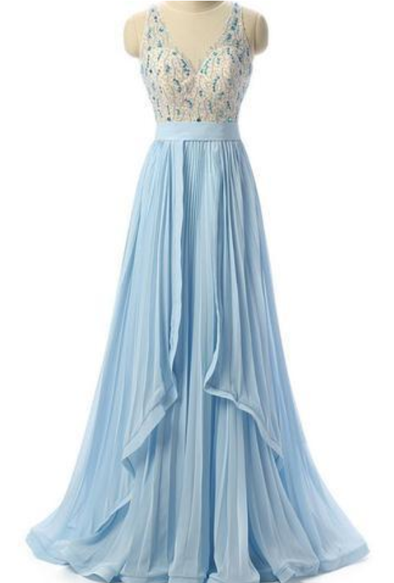 Gorgeous A-line Scoop-neck Floor-length Chiffon Prom Dresses With Rhine Stones