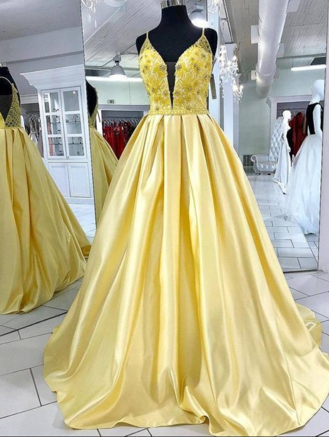 Sparkly Yellow Chiffon Beaded Prom Dress,Spaghetti Straops Backless Party Gown Evening Dress Y8718