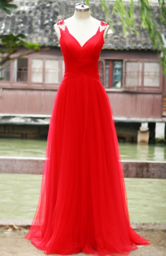 Charming Evening Dress,red A Line Evening Dresses,v-neck Formal Dress