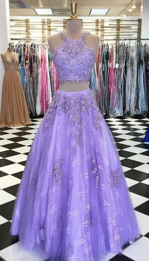 Two Piece Round Neck Lavender Lace Prom Dress With Appliques Beading