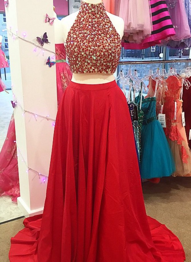 Gorgeous Pearl Beaded Red Chiffon Long Prom Dress ,two Piece Prom Dresses,2 Piece Gowns,women's Evening Party Dresses