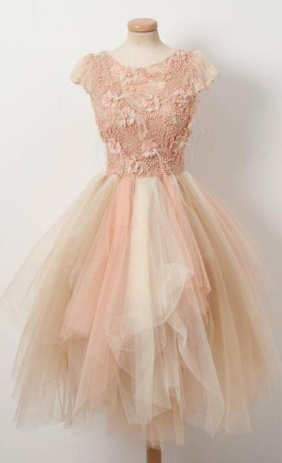 Champagne Round Neck Tulle Beads Short Prom Dress, Homecoming Dress