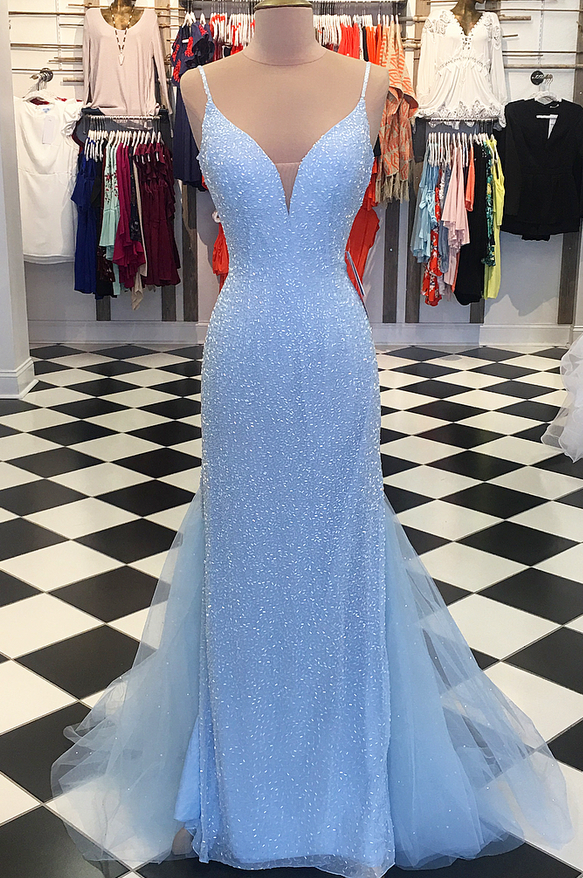 Gorgeous Blue Spaghetti Strap Plunging V Neck Mermaid Evening Prom Dress With Sequins