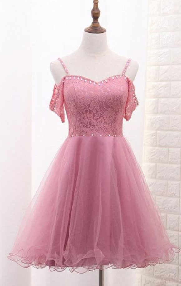 Pink Lace A Line Homecoming Dresses, Spaghetti Straps Short Tulle Homecoming Dresses With Lace Top