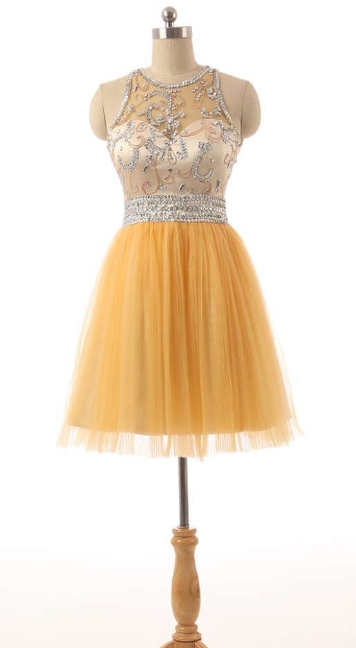 Short Yellow Tulle Prom Party Dresses,a Line Homecoming Dresses,sequins Beading Crystals Cocktail Dresses,custom 8th Grade Graduation Dress