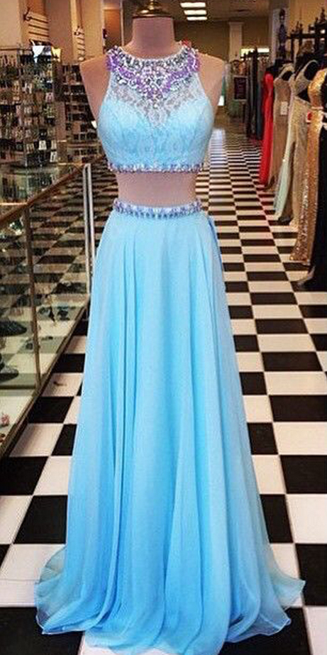 Unique two pieces chiffon lace long prom dress, lace evening dress