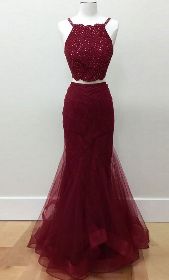 Burgundy Prom Dress,two Piece Prom Dress,long Sleeveless Prom Dress,mermaid Prom Dress,long Sexy Prom Dress