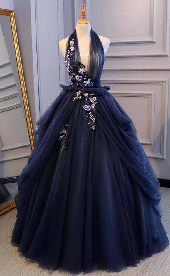 Ball Gown Blue Tulle Lace Long Prom Dresses Deep V Neck Backless Evening  Dresses on Luulla