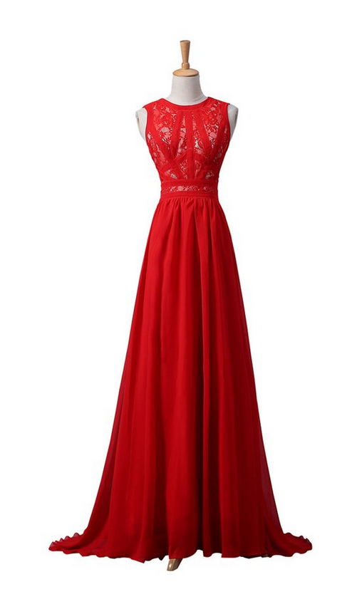 Red Lace Chiffon Beaded Long Prom\evening Dresses,sleeveless Lace Party Dresses,a-line Prom Dresses