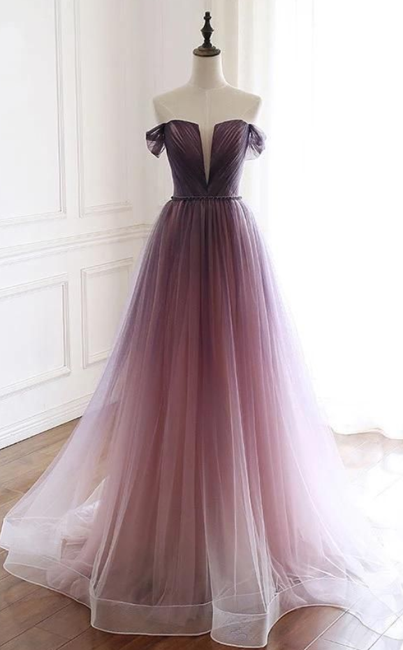 Unique Gradient Purple Tulle Long Prom Dress, Off Shoulder Evening Dress 
