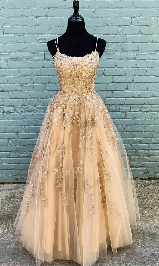 Stylish Champagne Tulle Custom Made Long Senior Prom Dress, Evening Dress With Applique