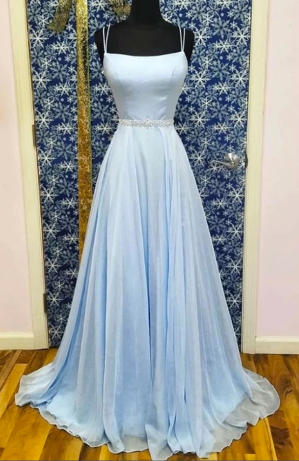 Baby Blue Satin Chiffon Beaded Waistline Long Prom Dress