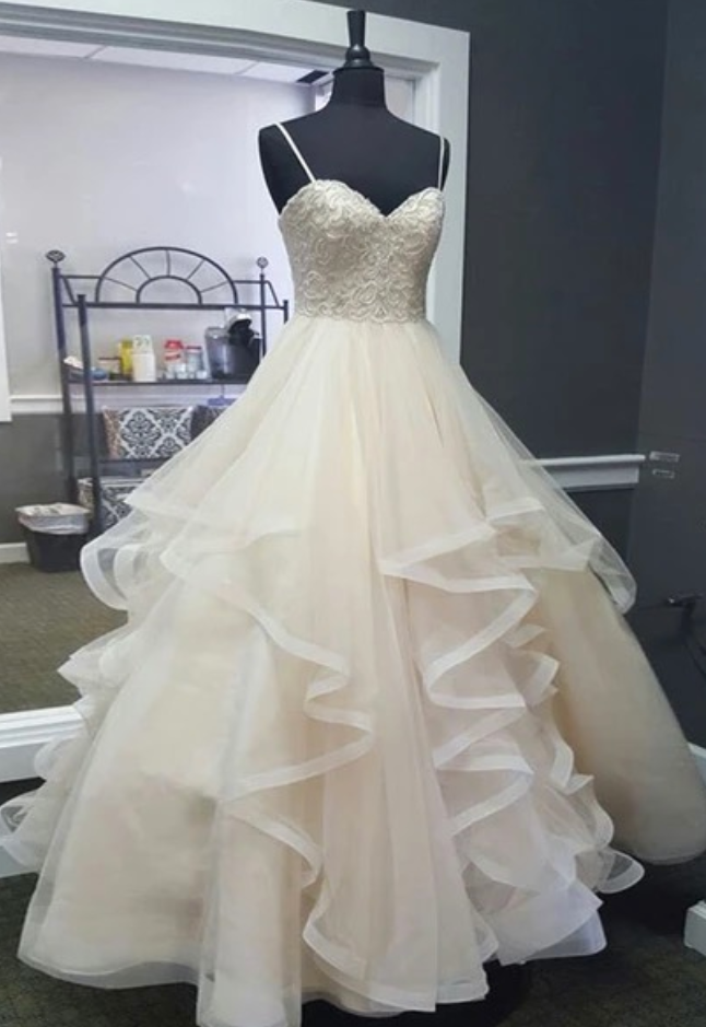 Pretty Ball Gown Spaghetti Straps Tulle Long Prom Dresses Party Gown Evening Dress C3773